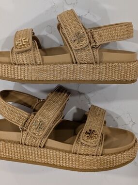 Tory Burch Kira Platform Sport Sandal Natural Raffia Women's 10 NWOB Logo Strapp
